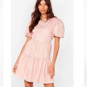 Pink Jacquard Puff Sleeve Mini Dress